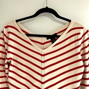 Cream and red striped V-neck sweater
